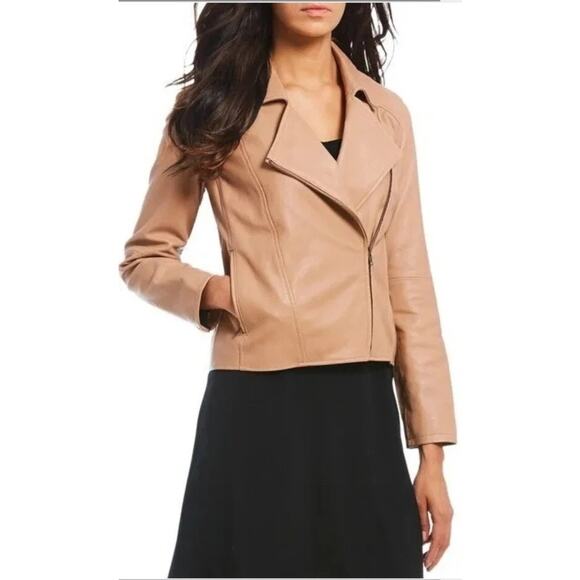 Eileen Fisher Rumpled Lux Moto Leather Jacket size Large US tan/beige color - Picture 2 of 10